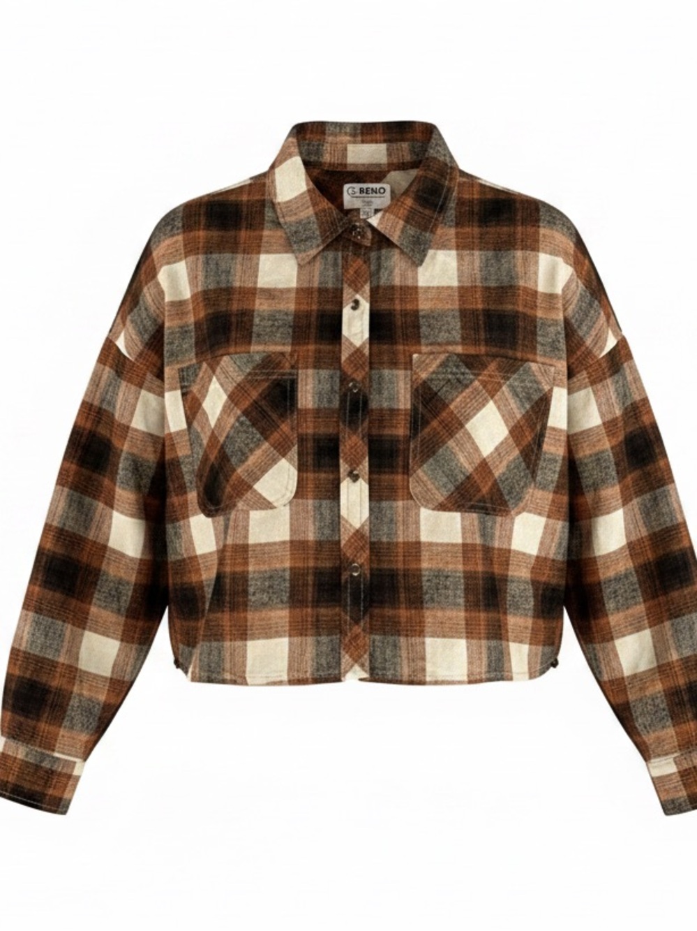 Ci Sono  Cropped Plaid Button Down Shirt - Brown and White